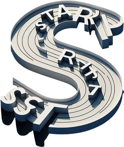 Top view of white Letters « START » following a round path.
Black background