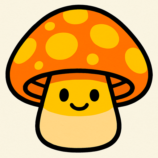 Sombrero Anaranjado/Amarillo: Tiene un sombrero grande y redondo de color anaranjado o amarillo brillante, con manchas de un tono más oscuro o marrón-anaranjado. Los puntos grandes y luminosos en su sombrero le dan un aspecto amigable y sugieren su función solar.

Tallo Beige/Crema: Su tallo es corto y regordete, de un color beige o crema claro.

Cara Amigable: Posee dos ojos pequeños y redondos, y una pequeña sonrisa, dándole una expresión dulce y pasiva..
In-Game asset.  2d.  High contrast.  No shadows