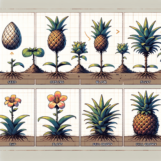 A spritesheet showing a pineapple plant in various stages of germantion, from seed over sapling, to bloom and to full grown plant, and then the ripe fruit. The sprites should be laid out in a rectangular grid with blank space between them.. Single Game Texture. In-Game asset. 2d. Blank background. High contrast. No shadows..
Single Game Texture. In-Game asset. 2d. Blank background. High contrast. No shadows.
