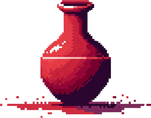A thin red earthen jar. 8 bit Pixel art..
Single Game Texture.  In-Game asset.  2d.  Blank background.  High contrast.  No shadows