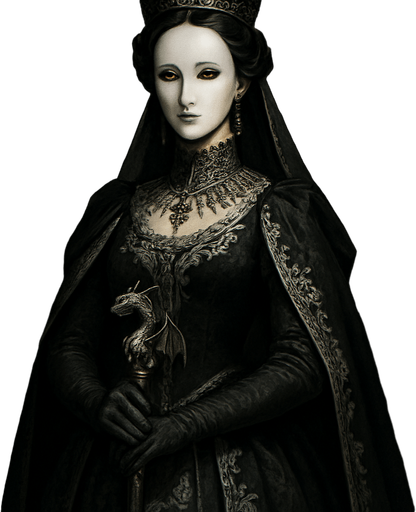 A regal yet enigmatic queen in a black and silver gown, wearing a porcelain mask with only her golden eyes visible. Female, 36 years old, tall and poised, dark wavy hair pinned in a jeweled crown, pale flawless skin. Her gloved hands rest on an ornate scepter with a dragon motif. She stands in a candle-lit throne room surrounded by veiled courtiers. Realistic, highly detailed, gothic royal style. realistic.
In-Game asset.  2d.  High contrast.  No shadows