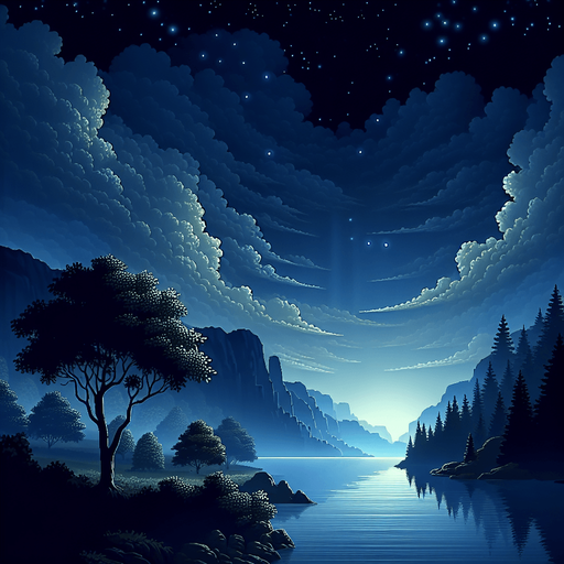 A large calm background drawing for a puzzle game, in dark calm blueish colors and non-confusing content. High definition.
Single Game Texture. In-Game asset. 2d. Blank background. High contrast. No shadows.
