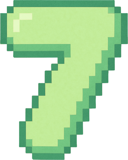 A pixel art number "7" designed for a cozy, cute retro 2D game UI with a bird theme. The number is rendered in soft pastel light green tones to harmonize with the gentle and sweet aesthetic of the game. It has a clean, simple, and rounded pixel style with no harsh edges, fitting perfectly within the pixel art UI style. The number is bold and easily readable at small sizes..
In-Game asset.  2d.  High contrast.  No shadows. pixel art. retro. 2d ui. number. pastel light green. simple. rounded edges. bold. cute. minimal