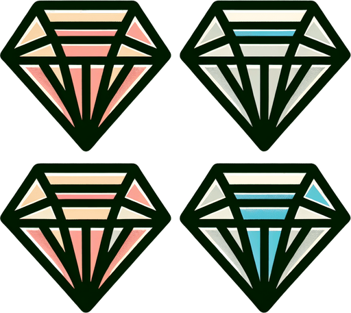 4 разных бриллианта с видом спереди, Обведенный, постэльные цвета.
Single Game Texture.  In-Game asset.  2d.  Blank background.  High contrast.  No shadows