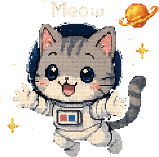 A cute gray kitten, drawn in an adorable chibi anime style and wearing an astronaut suit, floats in outer space with its little paws outstretched as if reaching out for a hug. It meows sweetly, and the entire scene is illustrated in charming Pixel Art style.