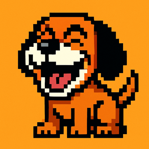 pixart brown hunting dog with black ears and white mouth laughing.
In-Game asset.  2d.  High contrast.  No shadows