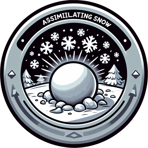 Icon for a snowball collide with snoflakes and becomes bigger, on a circle, with the text „ASSIMILATING SNOW“ at top, cartoon Single Game Texture. In-Game asset. 2d. Blank background. High contrast. No shadows.