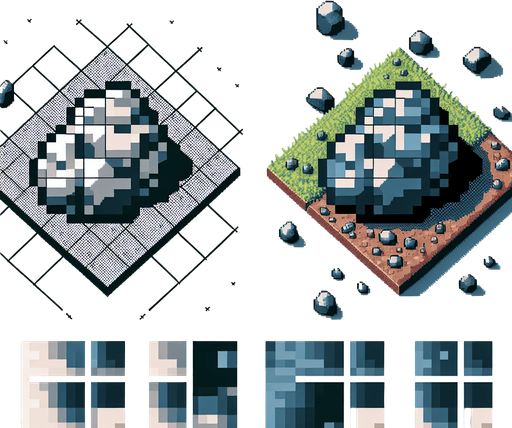 top down view of pixel art rock.
Single Game Texture.  In-Game asset.  2d.  Blank background.  High contrast.  No shadows