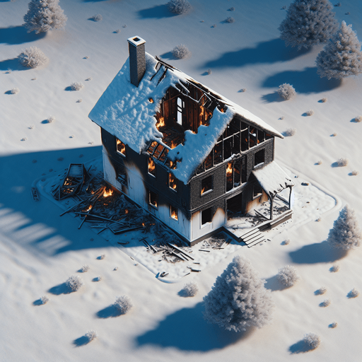 overhead view of charred remains of a completely burned down box house snowy lawn video game asset 2d blank background Single Game Texture. In-Game asset. 2d. Blank background. High contrast. No shadows.