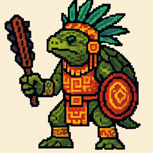 Generame un guerrero azteca con patrones, estilo pixelar, ademas sera un Tortuga de ciénaga colombiana humanoide.
In-Game asset.  2d.  High contrast.  No shadows
