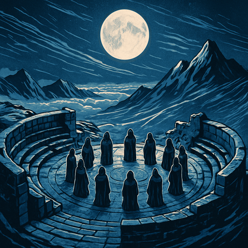 A mountaintop stone amphitheater under a glowing full moon, robed figures in a ritual circle, icy wind sweeping, high above the clouds, solemn medieval council scene, realistic.
In-Game asset.  2d.  High contrast.  No shadows