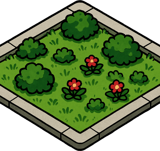 Street block, garden with concrete walkway on the border.
In-Game asset.  2d.  High contrast.  No shadows