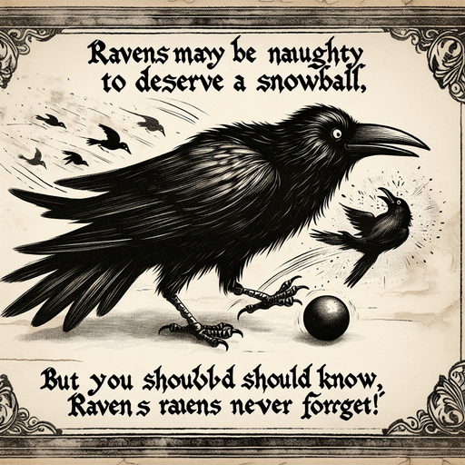 a pergament with a raven hit by a snowball on the top. At the bottom is the text: "Ravens may be naughty to deserve a snowball, but you should know, Ravens never forget!"