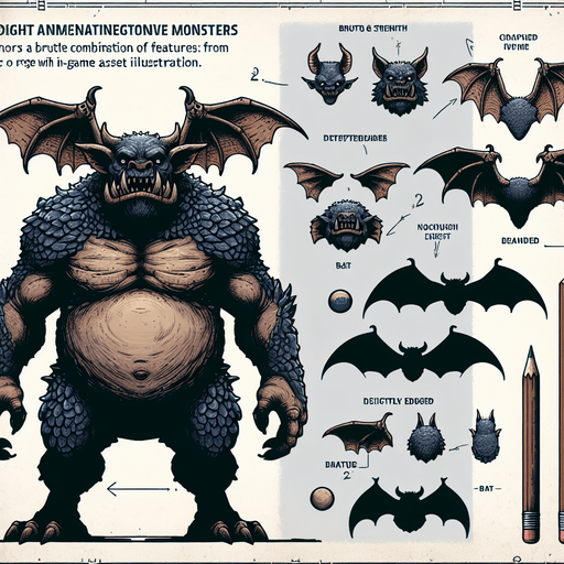 Create a monster that is half bat half ogre.
Single Game Texture. In-Game asset. 2d. Blank background. High contrast. No shadows.