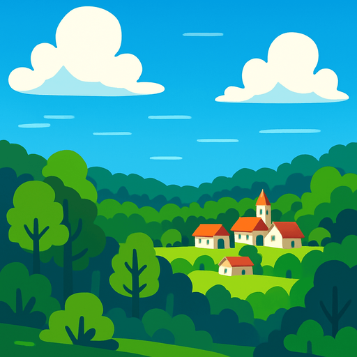 langit biru cerah, daerah hutan luas, di kejauhan ada pedesaaan sederhana. suasana pagi hari langit biru.
In-Game asset.  2d.  High contrast.  No shadows