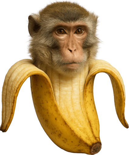 Haz a un macaco con cuerpo de plátano medio abierto, Ultra Realista, sin brazos ni piernas..
In-Game asset.  2d.  High contrast.  No shadows. Ultra Realista