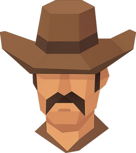 a cow boy head from top of the screen lowpoly. No background. Transparent background. Blank background. No shadows. 2d. In-Game asset. flat