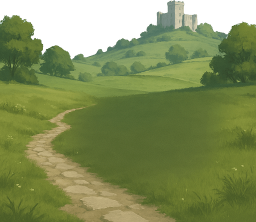 Gerçek hayata yakın bir menü arka planı istiyorum. Yeşil doğa, çimenlikler ve taş yollar olsun. Uzakta bir kale ya da yapı görünsün. Gökyüzü mavi ve açık olsun, hava gündüz gibi. Renkler doğal tonlarda olsun, altın veya süslü detaylar olmasın. Arka plan sade ve huzurlu bir ortam sunsun, ortası menü için boş ve hafif koyu olabilir..
In-Game asset.  2d.  High contrast.  No shadows