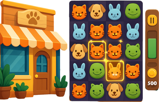 Fullscreen modern App Store landscape banner, 16:9, high definition, for a game titled "Pet Store Match" and with the description "A pet store-themed match-3 puzzle game where players swap animal tiles to create combos of 3 or more. Features dynamic grid layouts, multiple difficulty levels, and time-based scoring challenges.". No text on banner!