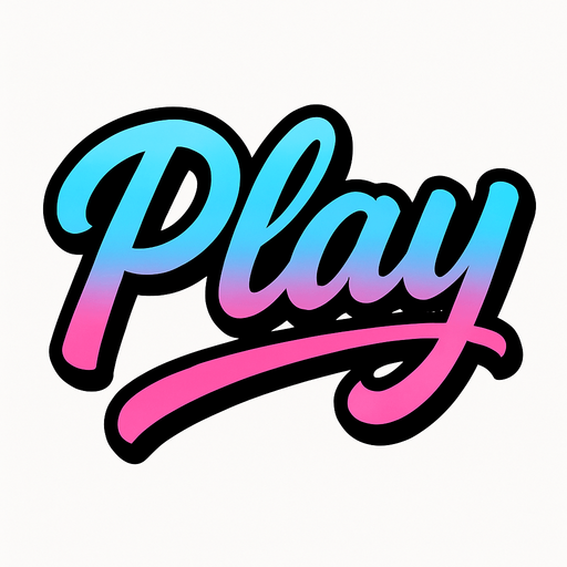 las letras play con un color celeste y rosa combinados con una cursiva
In-Game asset.  2d.  High contrast.  No shadows con contorno negro