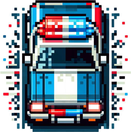 Top-down view of a pixel art police car with flashing red and blue lights, 64x64, arcade retro style".
Single Game Texture.  In-Game asset.  2d.  Blank background.  High contrast.  No shadows