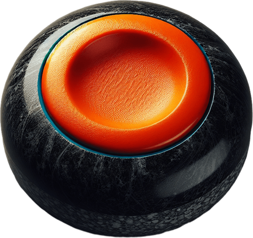 Black curlingstone with orange top, top view.