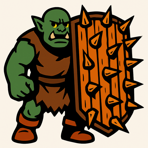 Orc with a big wooden shield full of spikes.
In-Game asset.  2d.  High contrast.  No shadows