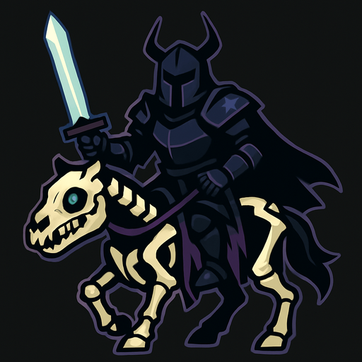 Kara şövalye iskelet atının üzerinde elinde parlak bir kılıç tutuyor.
In-Game asset.  2d.  High contrast.  No shadows