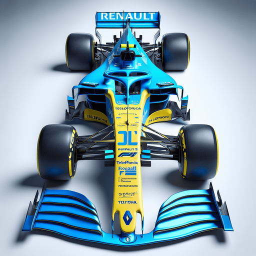 Photorealistic Renault F1 race car, top view. Bright skyblue body. Banana Yellow nose with blue sidelines.
Royalblue Front and Rear wing. Neon-yellow ,,Telefonicai" text on rearwing. 
White ,,TEAM SPIRIT" text on nose. Blue ,,RENAIULT" text on body.