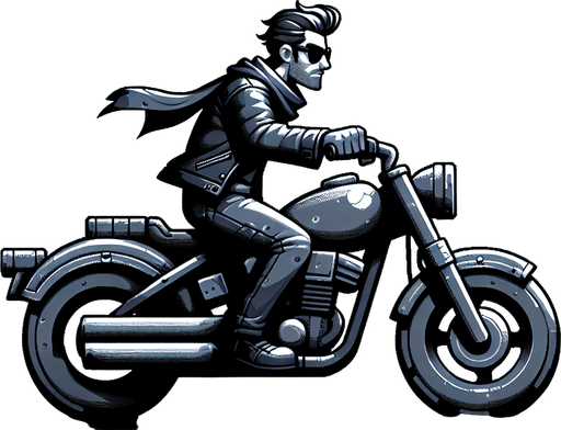 motosiklet kullanan havalı adam.
Single Game Texture. In-Game asset. 2d. Blank background. High contrast. No shadows.