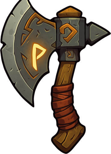 A stylized fantasy axe with a broad, curved blade and intricate engravings. The handle is wrapped in worn leather, and the metal has a slightly weathered look, giving it a battle-worn feel. The design is bold and exaggerated, suitable for an orc warrior, with a glowing rune etched into the blade. The style is high-fantasy with clean lines, vibrant highlights, and a dramatic shadow for depth. Perfect for 2D game assets or concept art..
In-Game asset.  2d.  High contrast.  No shadows