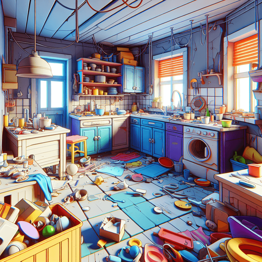 dağınık bir mutfak, odanın içinden görünüm. 3d renkli anime, çizgi film