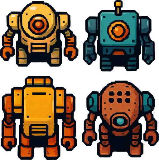 Robot algo viejos vistos desde arriba.
In-Game asset.  2d.  High contrast.  No shadows