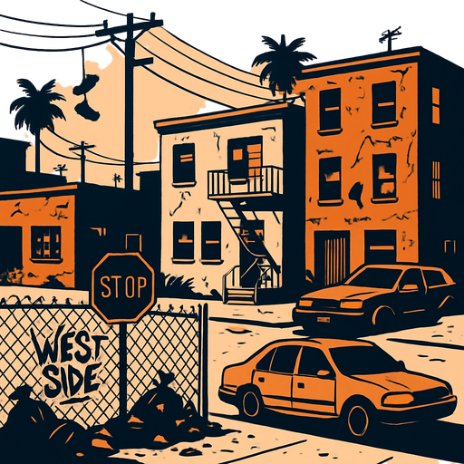Gangside ghetto Neighbourhood.
In-Game asset.  2d.  High contrast.  No shadows