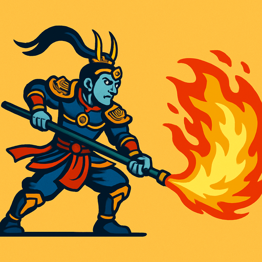 erlang shen. the sun wukong enemy. side scroller image. atack with fire 
In-Game asset.  2d.  High contrast.  No shadows