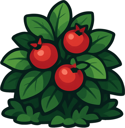 a berry bush with a phew yummy berries on it.
In-Game asset.  2d.  High contrast.  No shadows