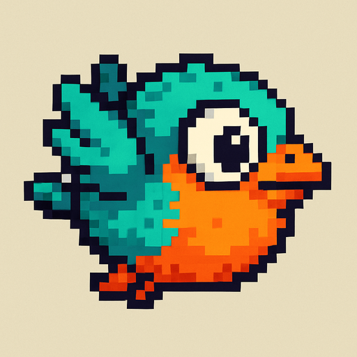 A unique pixel art bird character designed for a 2D side-scrolling game. The bird has a round, compact body and large expressive eyes. Its feathers are colorful, with shades of turquoise and orange, and it has small flapping wings. It has a slightly cartoonish look, with a tiny beak and simple outlines. The bird is seen from the side and appears mid-flight, with its wings lifted. The overall design is cute and distinct from Flappy Bird, but still fits in a retro-style arcade game..
In-Game asset.  2d.  High contrast.  No shadows. pixel art. side view. game character. cute. retro style. colorful