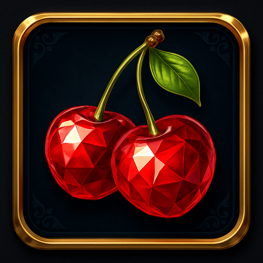 Crea un asset visual completo para el símbolo 'E' de Megaways: Cerezas Lujosas, directamente sobre su panel de fondo.

Diseño General:

Forma: Un panel cuadrado o ligeramente redondeado.

Fondo del Panel: Terciopelo oscuro (negro o azul noche) o un metal pulido muy oscuro.

Borde: Un borde elegante dorado o plateado alrededor del panel.

Detalles del Fondo: Puede tener un patrón sutil de filigrana de casino en las esquinas del panel.

Símbolo Central (las Cerezas):

Dos cerezas rojas, estilizadas para parecer joyas o gemas, con una superficie brillante y reflejos, posicionadas centralmente.

El tallo debe ser fino y elegante.

Colores: Rojos intensos y brillantes.
In-Game asset.  2d.  High contrast.  No shadows