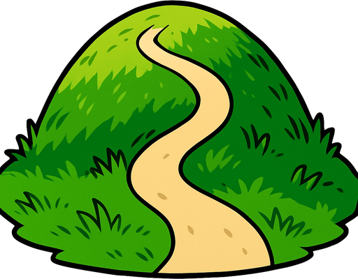 Cima de una colina redondeada con un sendero que lleva a la cima, mucho césped.
In-Game asset.  2d.  High contrast.  No shadows