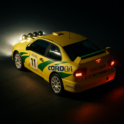 Photorealistic Seat Cordoba Rallycar in nightlight, drone topview from back and 45 degrees angle in top right corner
