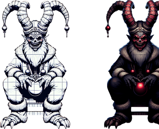 Eerie Christmas-inspired krampus doll sitting similar to a resident evil
Single Game Texture. In-Game asset. 2d. Blank background. High contrast. No shadows.