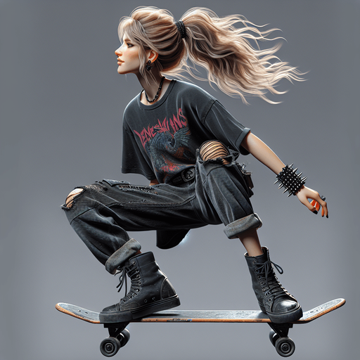 Photorealistic Avril Lavigne skateboarding, profile view.