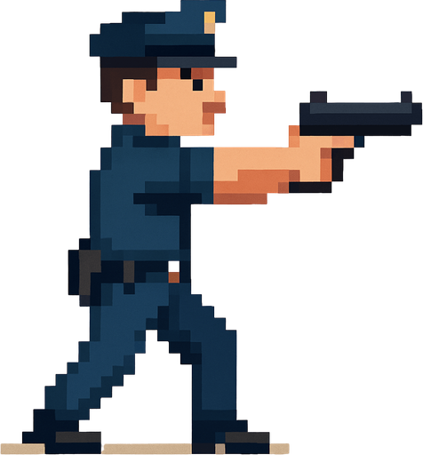 un policia  de cuerpo completo hecho con pixeles con persepectiva lateral apuntando con un arma
I