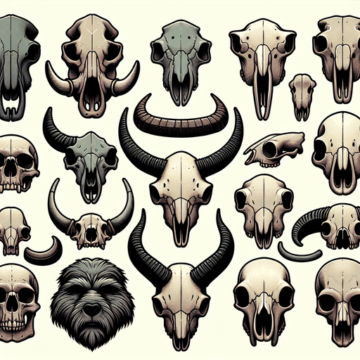 a collection of skulls arranged in horizontal rows.
Single Game Texture.  In-Game asset.  2d.  Blank background.  High contrast.  No shadows