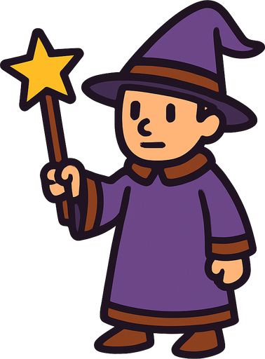 Mago con sombrero morado y marrón sin barba con varita con estrella, de cuerpo entero.
In-Game asset.  2d.  High contrast.  No shadows
