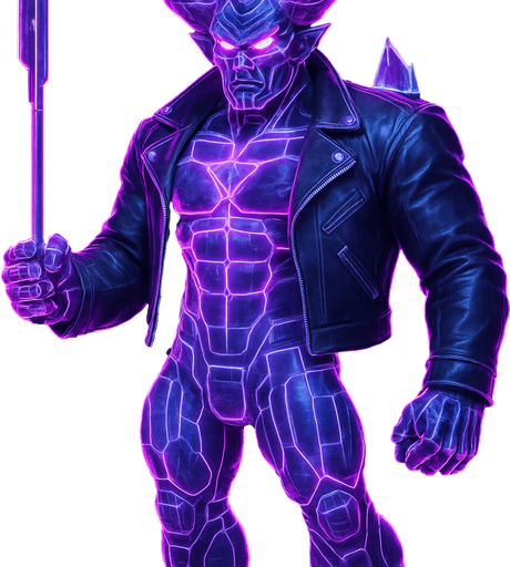 Black leather biker jacket longsleeves bare segmented neon cyberpunk pecs abs muscles robot monster hunk Neon cyberpunk 3d hologram corporate occult demon android mecha robot sentinel guard soldier machine monster fully in frame no part cut off no background anime futuristic