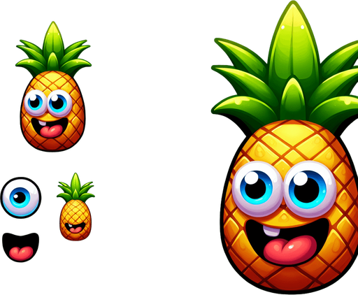 pineapple with eye and mouth animation..
Single Game Texture.  In-Game asset.  2d.  Blank background.  High contrast.  No shadows