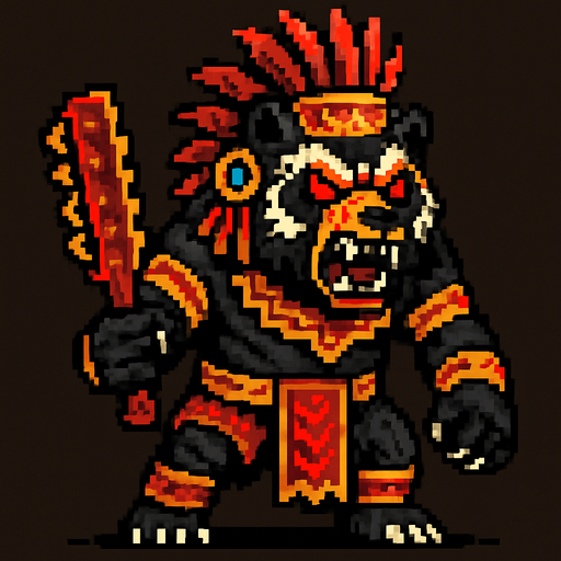 Genérame una Oso de Anteojos guerrero azteca con eso patrones, estilo pixelar, con una apariencia maligna, ojos rojos, rabioso. Unidad cuerpo a cuerpo.
In-Game asset.  2d.  High contrast.  No shadows