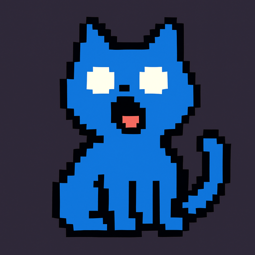 Haz un sprite de un gato azul sin pupilas con la boca abierta mirando arriba.
In-Game asset.  2d.  High contrast.  No shadows