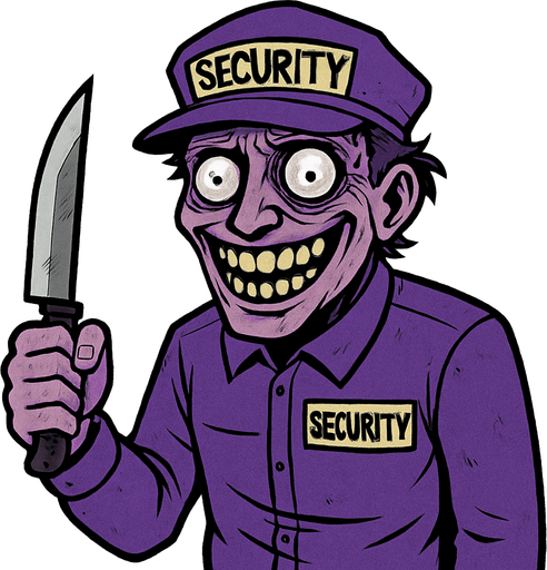 a madman wearing a purple security suit. He looks frightening, you can tell he's crazy by the glazed look in his eyes. he's just smiling with a knife in his hand, but in the glazed look in his eyes there's a little cry for help.
In-Game asset.  2d.  High contrast.  No shadows